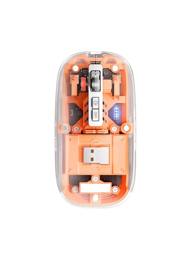 Wireless Bluetooth Mouse, Tri-Mode (BT1+BT2+2.4G) USB C Rechargeable Computer Mouse, Full Transparent Portable Silent Mouse with USB Receiver for Laptop PC Computer Macbook (Orange)